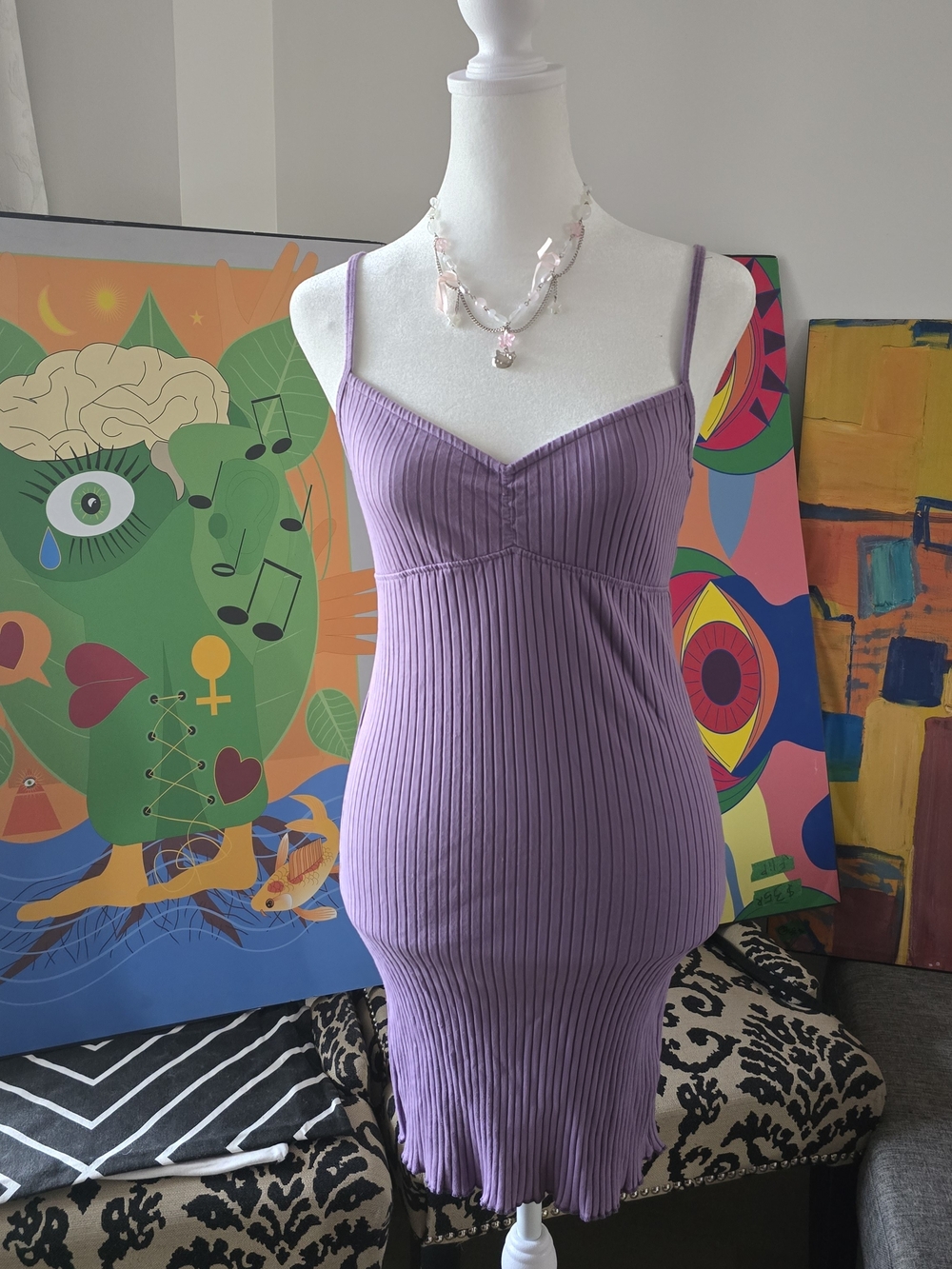 Urban Outfitters Lavender Ribbed Mini Dress Coquette Soft Girl Aesthetic Size S